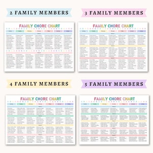 May include: Four colorful family chore charts for 2, 3, 4, and 5 family members. Each chart has a pastel header with the words "Family Chore Chart" and a list of chores for each day of the week. The charts are designed to help organize household tasks.