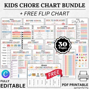 Könnte beinhalten: Ein farbenfrohes Kinder-Chore-Chart-Bundle mit verschiedenen Charts für Schule, Hausarbeit und Belohnungen. Enthält ein kostenloses Flipchart und 30 Seiten druckbarer PDF-Charts. Enthält Charts für Zähneputzen, Job und tägliche Aufgaben.