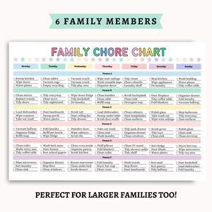 May include: A colorful family chore chart with tasks listed for each day of the week. The chart is divided into sections for each family member, with tasks like cleaning, laundry, and organizing. Text at the bottom reads "PERFECT FOR LARGER FAMILIES TOO!"