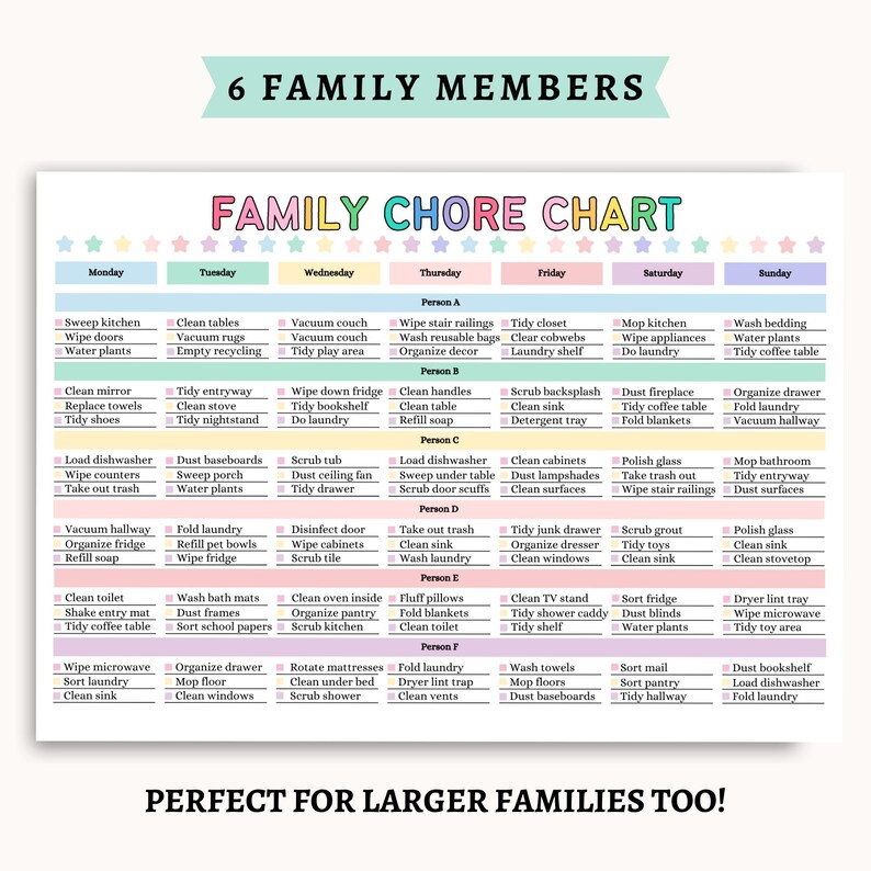 May include: A colorful family chore chart with tasks listed for each day of the week. The chart is divided into sections for each family member, with tasks like cleaning, laundry, and organizing. Text at the bottom reads "PERFECT FOR LARGER FAMILIES TOO!"