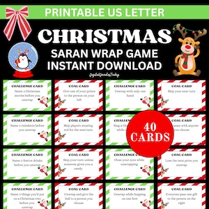 May include: A printable Christmas Saran Wrap Game with 40 cards. The design features a reindeer, a snow globe with a penguin, and a red and white bow. The game includes challenge and coal cards.