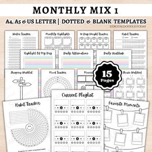 Monthly Trackers Journal Printable Templates, Bullet Journal Pages Digital , BUJO Monthly Bundle, Premade Bullet Journal Inserts Templates