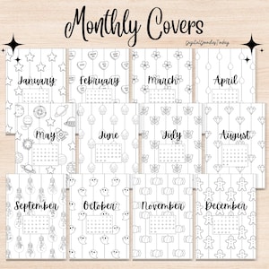 May include: A collection of twelve black and white monthly calendar covers. Each cover displays a month's name and a calendar grid. The covers are adorned with themed illustrations, such as stars, hearts, flowers, and seasonal designs.