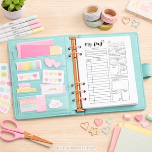 May include: A light blue six-ring binder planner featuring a daily schedule page titled My Day with sections for priorities, hourly tasks, weather, mood, water intake, sleep, exercise, energy, productivity, meals, and notes, with various stationery items.