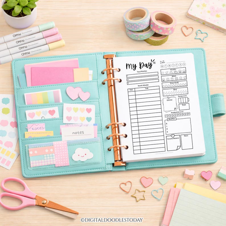 May include: A light blue six-ring binder planner featuring a daily schedule page titled My Day with sections for priorities, hourly tasks, weather, mood, water intake, sleep, exercise, energy, productivity, meals, and notes, with various stationery items.
