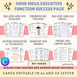Kids ADHD Executive Functioning Toolkit, Children ADHD Printables, Kids Executive Function Tools, Routine Checklists, Calming Corner Charts