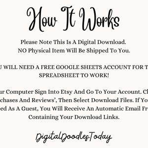 May include: Text explaining how to download a digital product from Etsy. It says "How It Works" in a decorative font. The text explains that the product is a digital download and that no physical item will be shipped. It also says that a free Google Sheets account is needed for the spreadsheet to work. The text also explains how to download the product from Etsy.