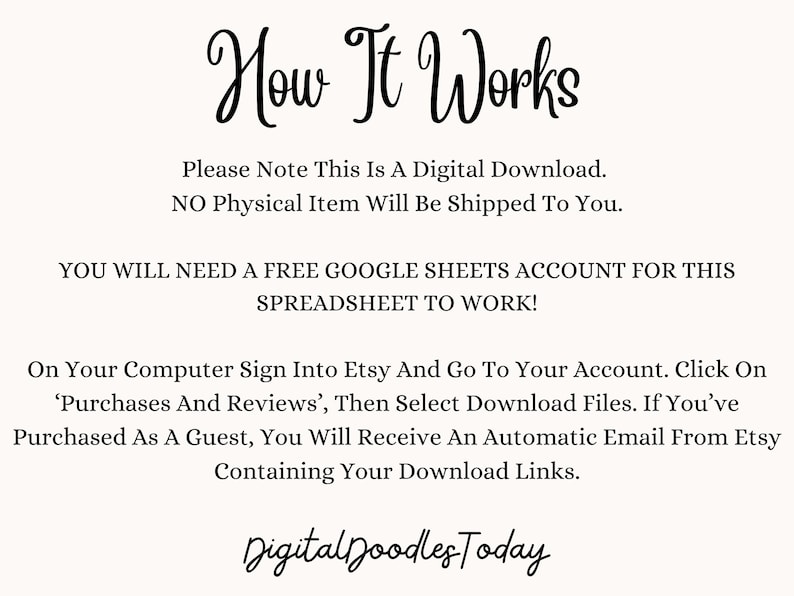 May include: Text explaining how to download a digital product from Etsy. It says "How It Works" in a decorative font. The text explains that the product is a digital download and that no physical item will be shipped. It also says that a free Google Sheets account is needed for the spreadsheet to work. The text also explains how to download the product from Etsy.