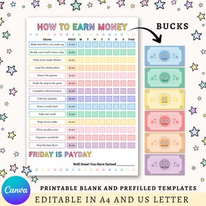 May include: A printable chore chart titled "How to Earn Money" with a colorful design. The chart includes a list of chores, prices, and a space to track progress. Includes colorful play money in denominations of $1, $2, $5, $10, $15, and $20.