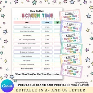 May include: A printable screen time chart and coupons. The chart lists tasks like making the bed and doing chores, with corresponding time values. Coupons are available for 5, 10, 20, 25, 30 minutes, and 1 hour of screen time.