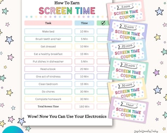 Printable Screen Time Chart And Coupons | Editable  Screentime Rules Checklist | Responsibility Chore Chart | Kids Chore Chart Routine