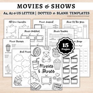 Può includere: Una raccolta di 15 modelli stampabili per il monitoraggio di film e programmi in bianco e nero. Le pagine presentano intestazioni come Movies & Shows, Movie Journal e Movie Reviews, con illustrazioni di popcorn, bobine e televisori.
