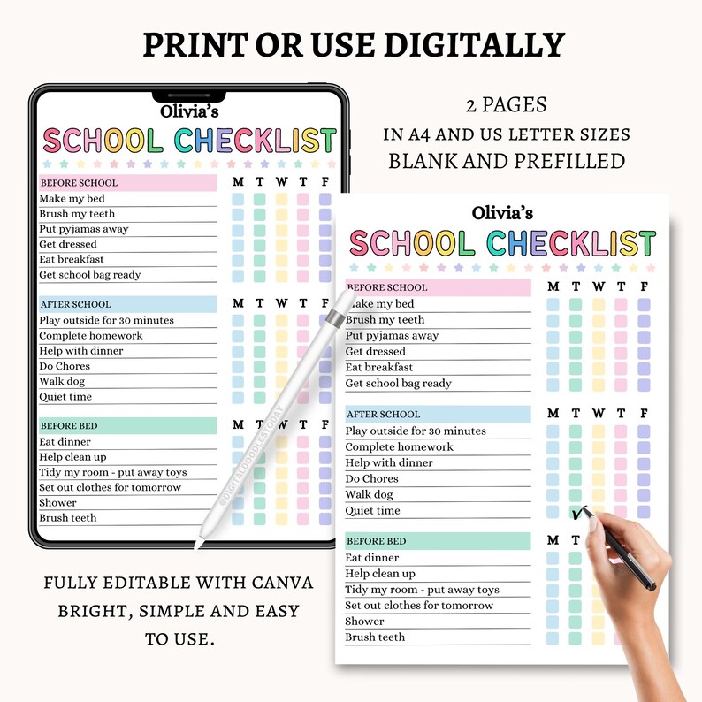 Canva Editable Schoolday Checklist for Kids | Printable Kids Chore ...