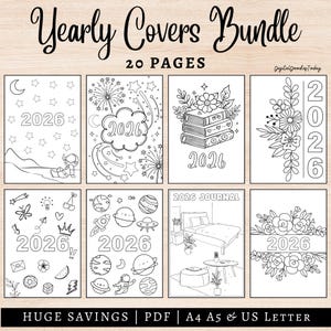 Puede incluir: Un conjunto en blanco y negro de portadas de diario de 2026 con varios diseños, incluyendo fuegos artificiales, temas espaciales, arreglos florales y una escena de dormitorio. El texto "Yearly Covers Bundle" y "20 PAGES" están presentes.