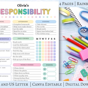 Editable Responsibility Chore Chart for Kids | Printable | Kids Daily Weekly Schedule | Kids Chore List | Kids Daily Routine Checklist | PDF