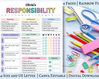 Editable Responsibility Chore Chart for Kids | Printable | Kids Daily Weekly Schedule | Kids Chore List | Kids Daily Routine Checklist | PDF
