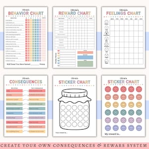 May include: A set of six printable charts with the title "Olivia's" for behavior, rewards, feelings, consequences, and sticker charts. The charts feature colorful designs and spaces for tracking progress. The text "Create Your Own Consequences & Rewards System" is at the bottom.