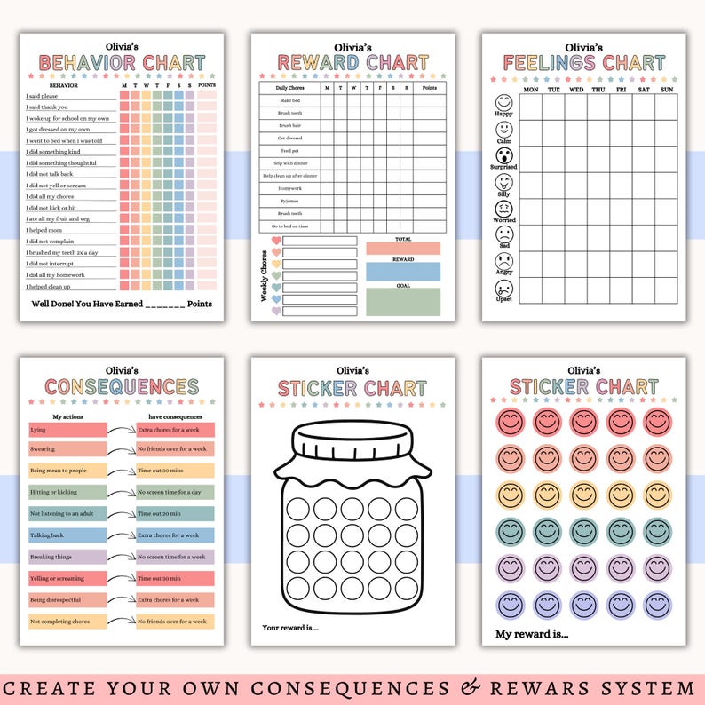 May include: A set of six printable charts with the title "Olivia's" for behavior, rewards, feelings, consequences, and sticker charts. The charts feature colorful designs and spaces for tracking progress. The text "Create Your Own Consequences & Rewards System" is at the bottom.