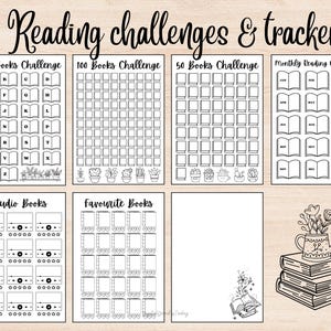 May include: Black and white printable reading challenges and trackers. Includes challenges for A-Z books, 100 books, 50 books, and monthly reading. Also features audio book and favorite book trackers. The text reads: "+ Reading challenges & trackers".