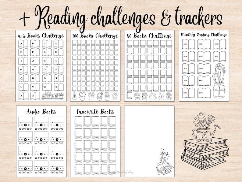 May include: Black and white printable reading challenges and trackers. Includes challenges for A-Z books, 100 books, 50 books, and monthly reading. Also features audio book and favorite book trackers. The text reads: "+ Reading challenges & trackers".