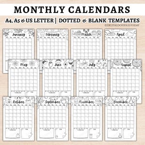12 Month Calendar Download, Journal Calendar Template, Monthly Planner, Printable Calendar Planner Page, Bullet Journal Monthly Calendars