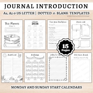 Pagine introduttive per il diario stampabili, download digitale, modelli BUJO, tracker per il diario, vision board per il compleanno, lista dei desideri, cartella del bingo 2026