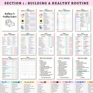 May include: A collection of printable planner pages with colorful pastel borders. The pages include checklists, chore charts, and daily routines. The title "Building a Healthy Routine" is at the top, with a bed illustration. The pages are designed for organization.