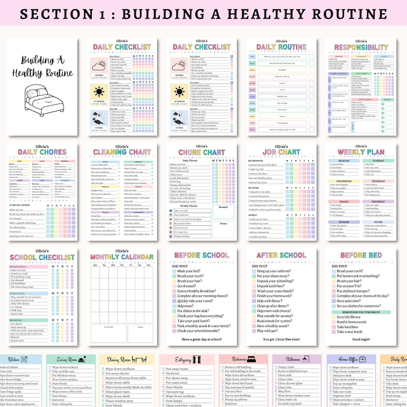 May include: A collection of printable planner pages with colorful pastel borders. The pages include checklists, chore charts, and daily routines. The title "Building a Healthy Routine" is at the top, with a bed illustration. The pages are designed for organization.