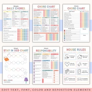 May include: A collection of colorful chore charts and house rules charts. The charts include daily and weekly tasks, with spaces to mark completion. The color scheme is pastel, with text such as "Daily Chores" and "House Rules".