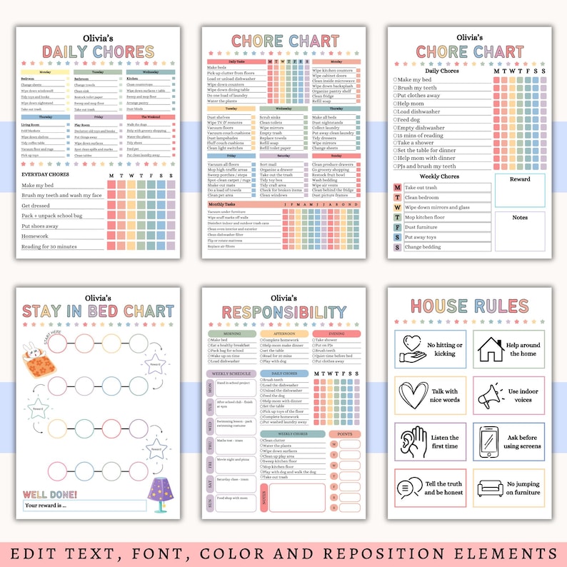 May include: A collection of colorful chore charts and house rules charts. The charts include daily and weekly tasks, with spaces to mark completion. The color scheme is pastel, with text such as "Daily Chores" and "House Rules".