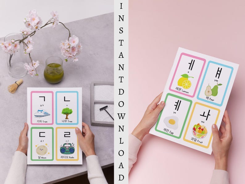 May include: Two sets of colorful flashcards with Korean alphabet characters and illustrations. The first set features a train, tree, moon, and radio. The second set features a lemon, pear, egg, and fruit salad.