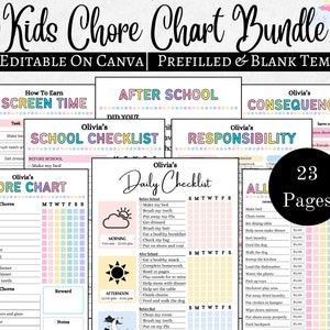 Editable Kids Chore Charts, Reward, Allowance, Screen time, School Routine, Behavior Chart, Consequences, Daily Checklist, Weekly Chores PDF