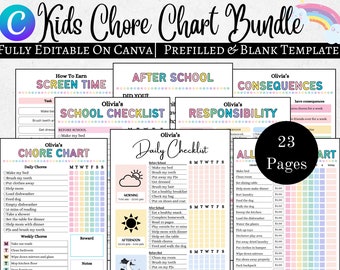 Editable Kids Chore Charts, Reward, Allowance, Screen time, School Routine, Behavior Chart, Consequences, Daily Checklist, Weekly Chores PDF