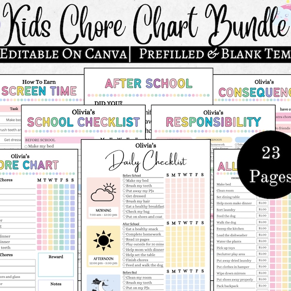 Editable Kids Chore Charts, Reward, Allowance, Screen time, School Routine, Behavior Chart, Consequences, Daily Checklist, Weekly Chores PDF