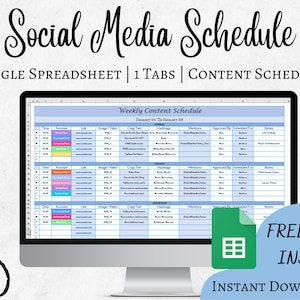 Puede incluir: Una pantalla de computadora que muestra una hoja de cálculo de Google con un fondo azul. La hoja de cálculo se titula "Weekly Content Schedule" e incluye columnas para la hora, la cuenta, el enlace, la imagen/video, el texto de copia, los hashtags, el memo, aprobado por, programado para, notas y más. La hoja de cálculo está diseñada para ayudar a los usuarios a programar su contenido en las redes sociales.