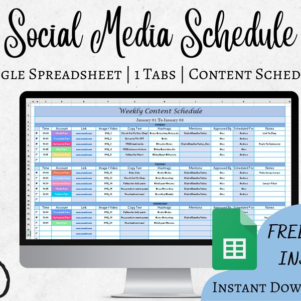 Weekly Social Media Content Schedule Google Spreadsheet | Social Media Spreadsheet | Content Planner | Weekly Spreadsheet | Google Sheets