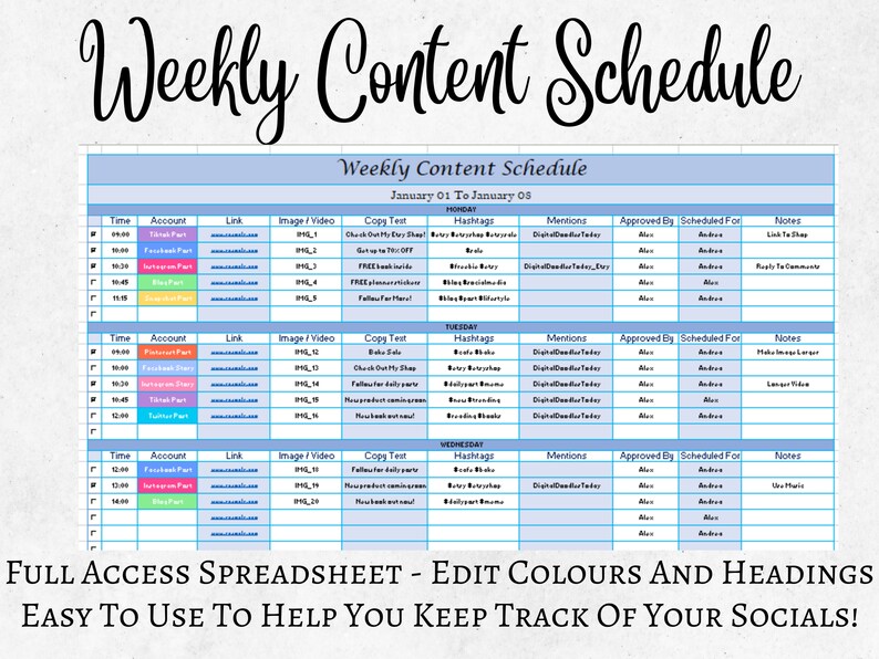 Weekly social media content schedule excel spreadsheet social media