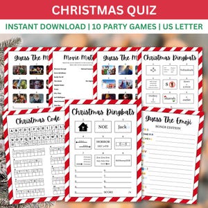 Könnte beinhalten: Eine Sammlung druckbarer Weihnachts-Partyspiele, darunter Quiz und Rätsel. Die Spiele haben festliche Themen wie Filmquiz, Emoji-Rätsel und Wortspiele. Das Design umfasst einen rot-weiß gestreiften Rand und den Text "Christmas Quiz".
