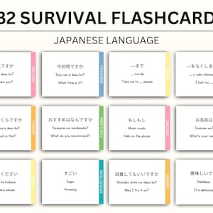 May include: Set of 232 Japanese language survival flashcards. Each card features a Japanese phrase with English translation. Cards are color-coded by category, including greetings, essentials, shopping, and food & drink.