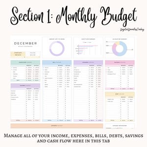 May include: A digital monthly budget dashboard with sections for cash flow, bills, expenses, and savings. The title "Section 1: Monthly Budget" is at the top. The dashboard includes charts and tables for tracking income and expenses. Text at the bottom reads: "Manage all of your income..."