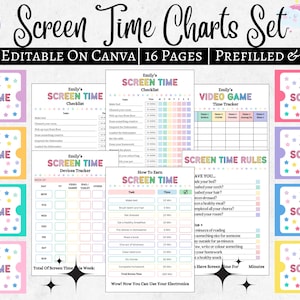 May include: A set of printable screen time charts and coupons. The charts include checklists, device trackers, and rules, with colorful designs. Coupons offer 35 and 40 minutes of screen time. The text reads "Screen Time Charts Set" and "Fully Editable On Canva 16 Pages Prefilled & Blank."