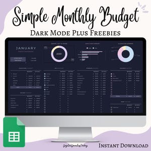 以下が含まれることがあります： ダークテーマの月間予算テンプレートを表示するコンピューターモニター。画面にはグラフや財務データが表示され、上部には「Simple Monthly Budget」というテキストが表示されます。Google スプレッドシートのアイコンが含まれています。
