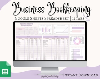 May include: A computer monitor displays a Google Sheets spreadsheet for business bookkeeping. The screen shows charts and tables with financial data, including income, expenses, and profit growth. The text "Business Bookkeeping" and "Instant Download" are visible.