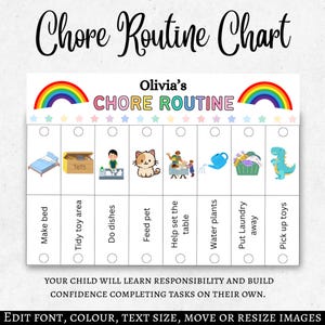 May include: A colourful chore routine chart with the text "Chore Routine Chart" and "Olivia's CHORE ROUTINE". The chart includes illustrations of chores like making the bed, feeding a pet, and putting away toys. The text "YOUR CHILD WILL LEARN RESPONSIBILITY" is also visible.