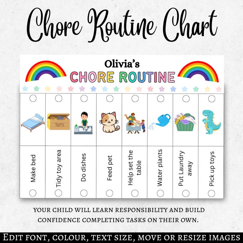 May include: A colourful chore routine chart with the text "Chore Routine Chart" and "Olivia's CHORE ROUTINE". The chart includes illustrations of chores like making the bed, feeding a pet, and putting away toys. The text "YOUR CHILD WILL LEARN RESPONSIBILITY" is also visible.