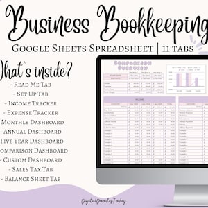 May include: A computer screen displaying a Google Sheets spreadsheet with 11 tabs for business bookkeeping. The tabs include "Read Me", "Set Up", "Income Tracker", "Expense Tracker", "Monthly Dashboard", "Annual Dashboard", "Five Year Dashboard", "Comparison Dashboard", "Custom Dashboard", "Sales Tax", and "Balance Sheet".