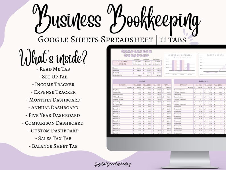 May include: A computer screen displaying a Google Sheets spreadsheet with 11 tabs for business bookkeeping. The tabs include "Read Me", "Set Up", "Income Tracker", "Expense Tracker", "Monthly Dashboard", "Annual Dashboard", "Five Year Dashboard", "Comparison Dashboard", "Custom Dashboard", "Sales Tax", and "Balance Sheet".