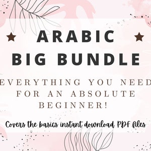 Könnte beinhalten: Eine digitale Grafik mit hellrosa Hintergrund, weißen Palmenblatt-Illustrationen und dunkelbraunem Text: ARABIC BIG BUNDLE, EVERYTHING YOU NEED FOR AN ABSOLUTE BEGINNER!, und Covers the basics instant download PDF files.