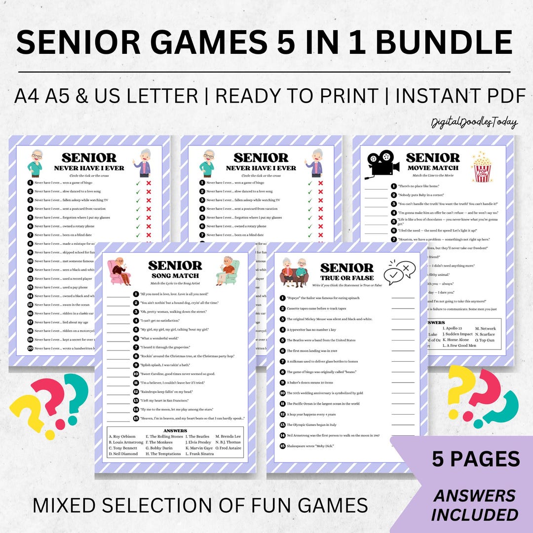 Printable Senior Games Bundle, Trivia for Seniors, Senior Printable ...