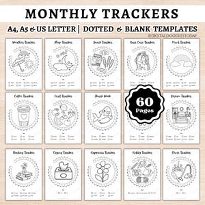 Bullet Journal Monthly Trackers Printable, Undated Monthly Trackers BUJO Color Doodles, Bullet Journal Bundle Digital , Journal Trackers PDF
